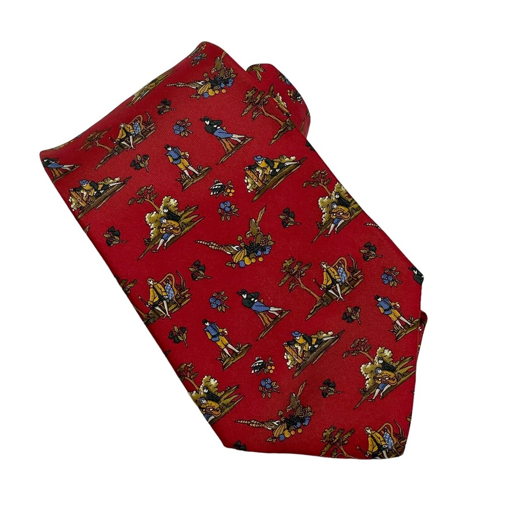 Salvatore Ferragamo Designer Novelty Print Red Silk Necktie 3.5"‎